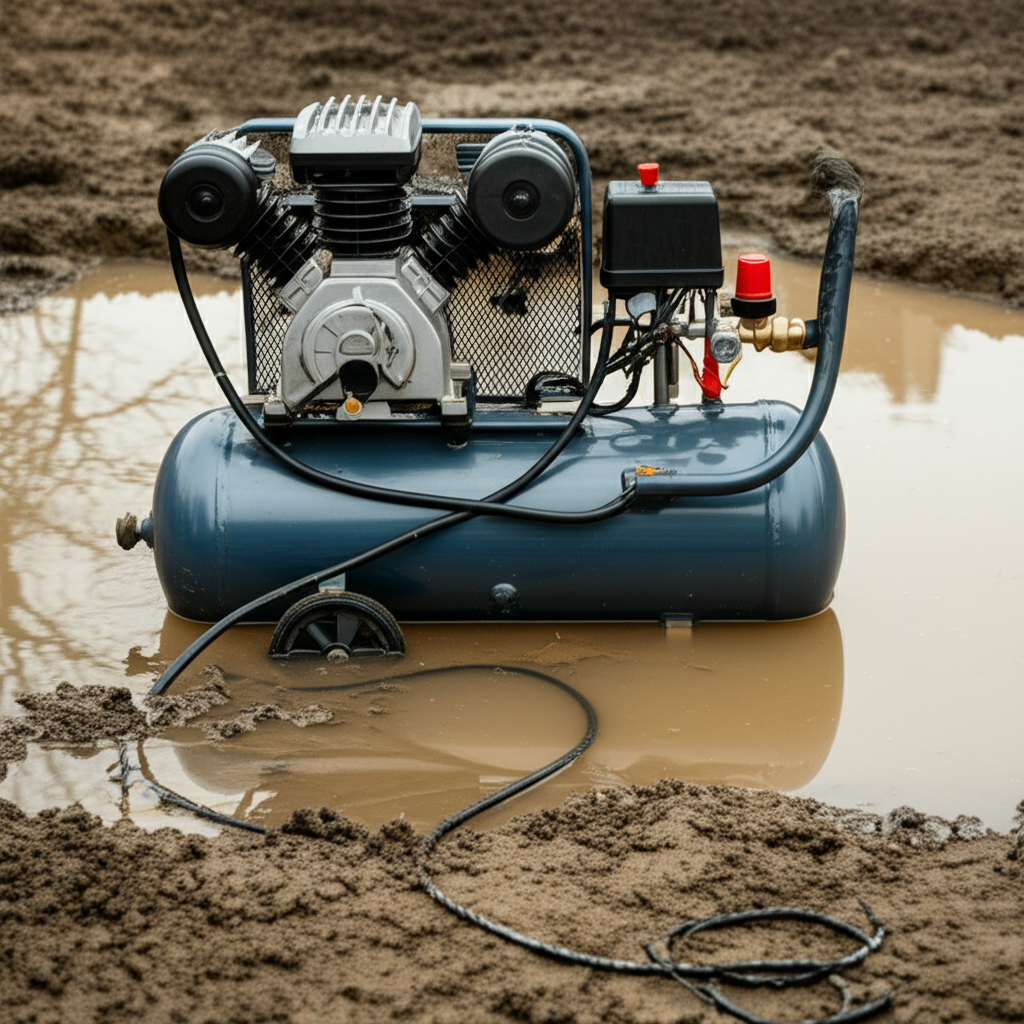 Generate a high-quality, relevant image prompt for an article about: Can Air Compressor Get Wet? Ess