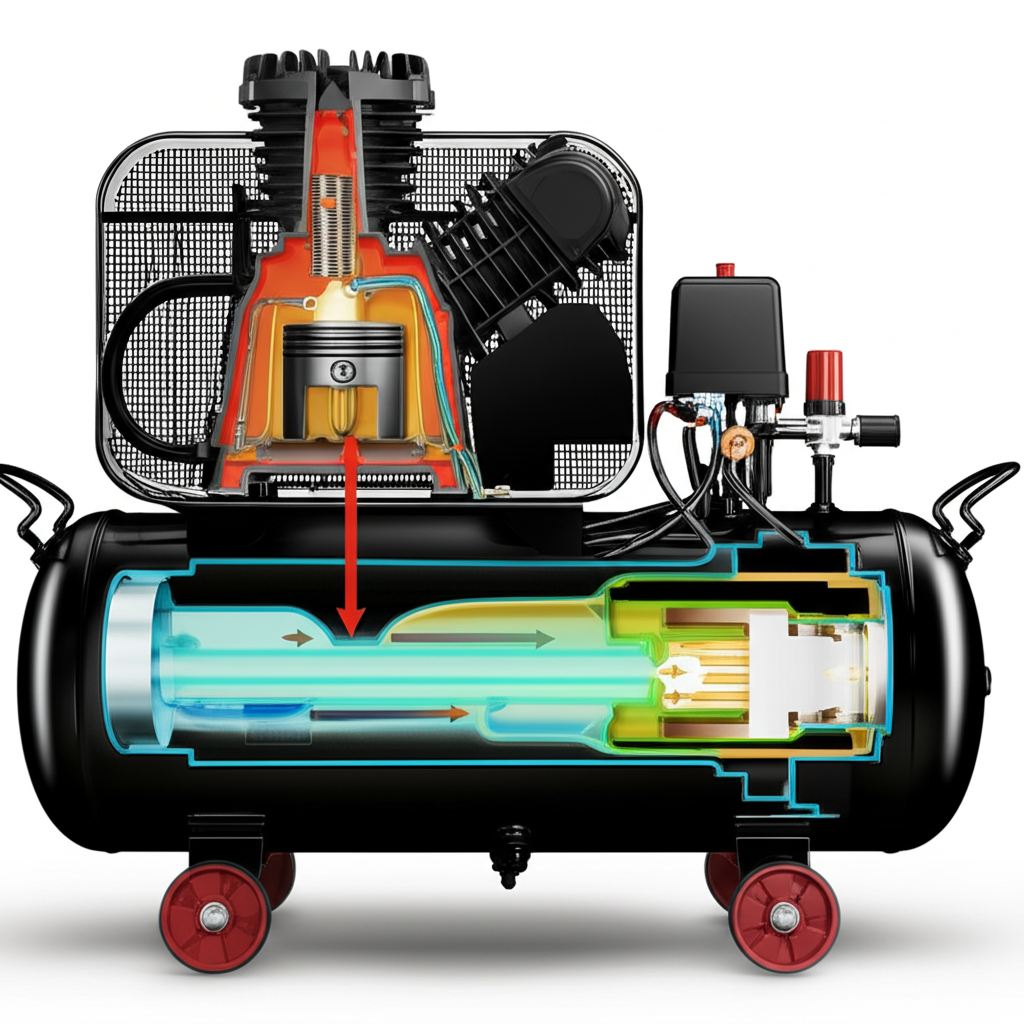 Generate a high-quality, relevant image prompt for an article about: How Air Compressor Works: Geniu