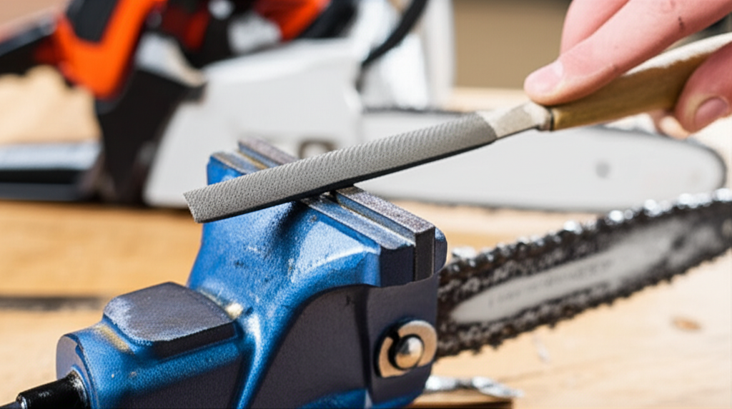 Generate a high-quality, relevant image prompt for an article about: How to Sharpen a Chainsaw Chain