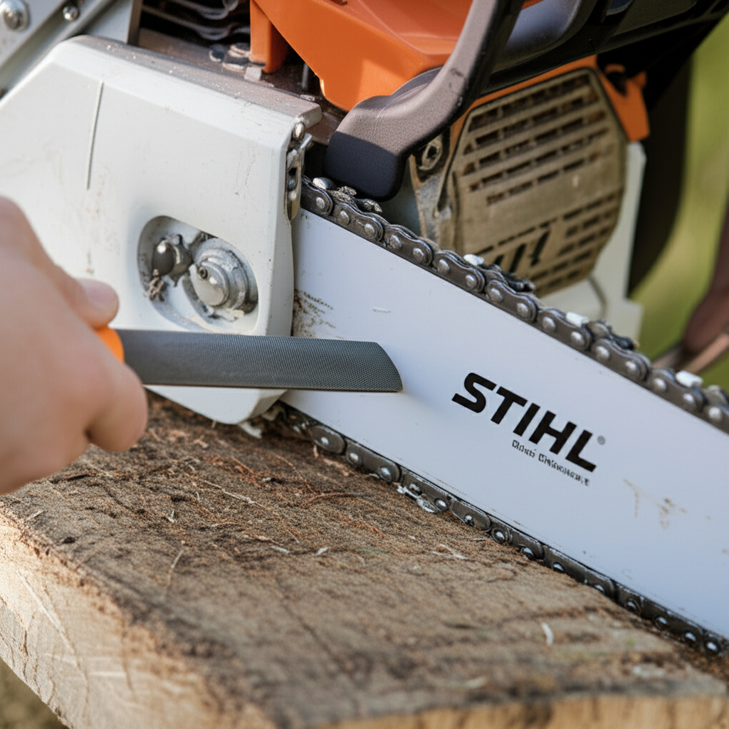 Generate a high-quality, relevant image prompt for an article about: How to Sharpen a Chainsaw Chain