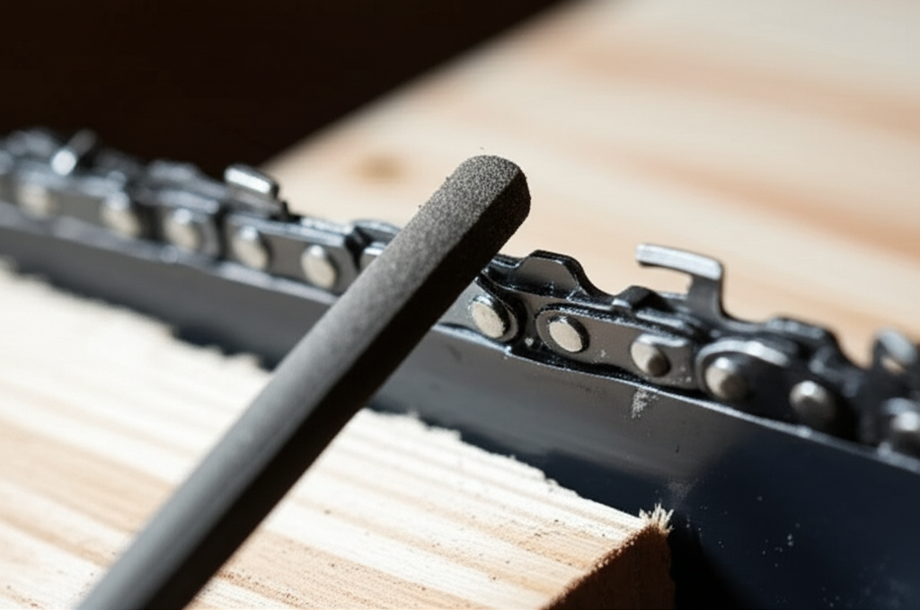Generate a high-quality, relevant image prompt for an article about: How to Sharpen a Chainsaw Chain